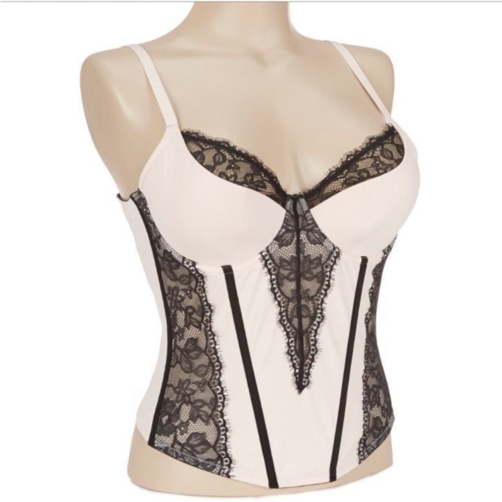 MODERN MOVEMENT Cream & Black Silky Satin Lace Underwire Bustier Corset Top 34C